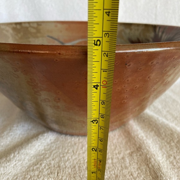 Studio Pottery Large Hand Thrown Bowl Tropical Palm Trees Bird Mixing Decor - Picture 10 of 10